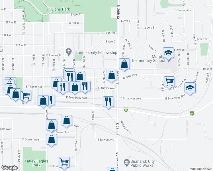 map of restaurants, bars, coffee shops, grocery stores, and more near 2510 East Thayer Avenue in Bismarck