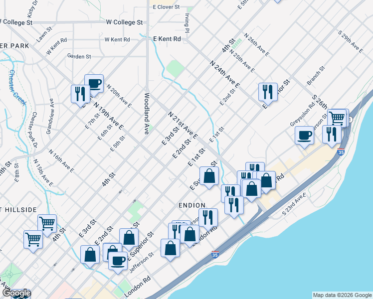 map of restaurants, bars, coffee shops, grocery stores, and more near 2018 East 2nd Street in Duluth