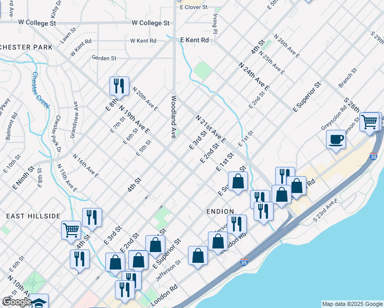 map of restaurants, bars, coffee shops, grocery stores, and more near 1911 East 3rd Street in Duluth