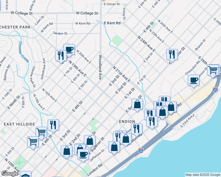 map of restaurants, bars, coffee shops, grocery stores, and more near 1911 East 3rd Street in Duluth
