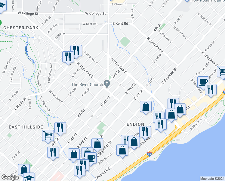map of restaurants, bars, coffee shops, grocery stores, and more near 1911 East 3rd Street in Duluth