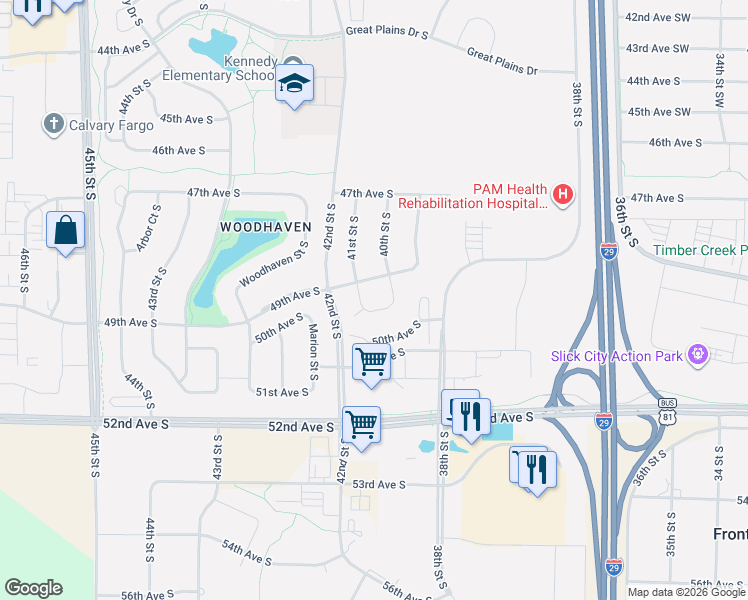 map of restaurants, bars, coffee shops, grocery stores, and more near 4955 Avery Lane South in Fargo