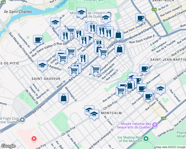 map of restaurants, bars, coffee shops, grocery stores, and more near in Quebec City