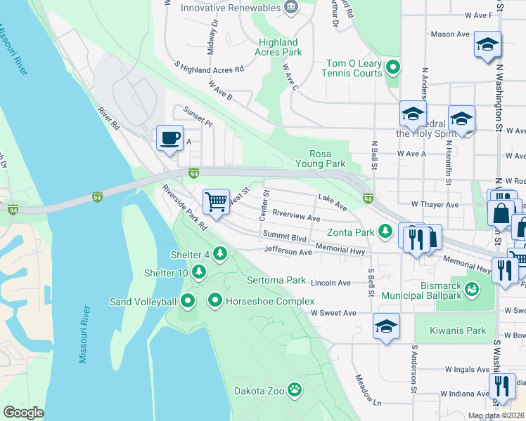 map of restaurants, bars, coffee shops, grocery stores, and more near 1100 Riverview Avenue in Bismarck