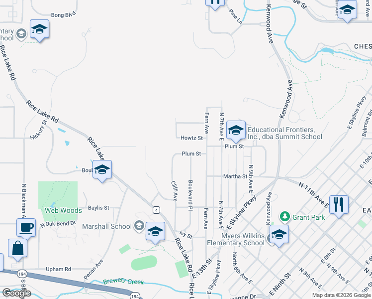 map of restaurants, bars, coffee shops, grocery stores, and more near 323 Plum Street in Duluth