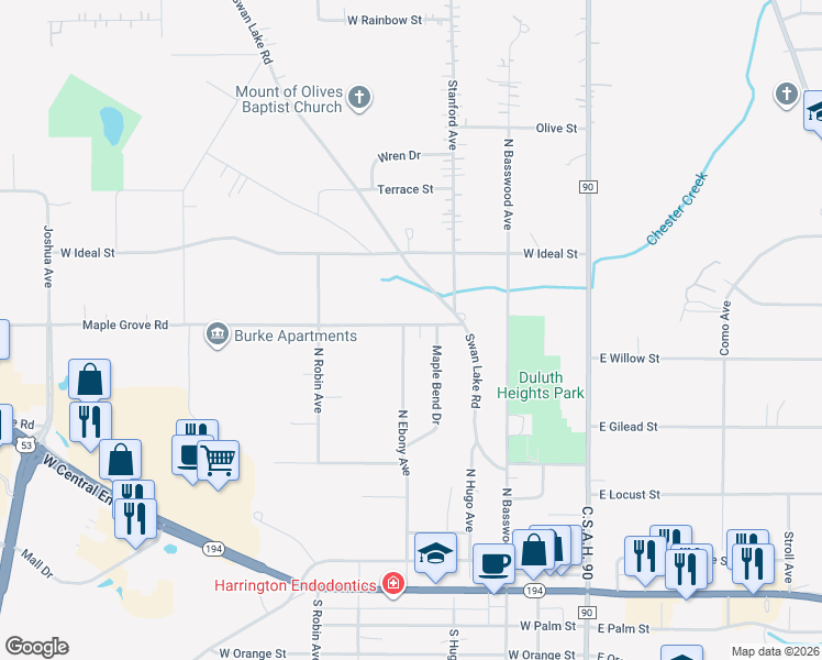 map of restaurants, bars, coffee shops, grocery stores, and more near 930 North Ebony Avenue in Duluth