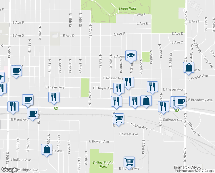 map of restaurants, bars, coffee shops, grocery stores, and more near 300 North 19th Street in Bismarck