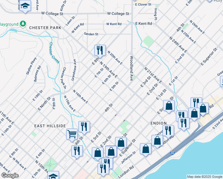map of restaurants, bars, coffee shops, grocery stores, and more near 498 North 18th Avenue East in Duluth