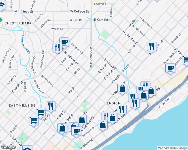 map of restaurants, bars, coffee shops, grocery stores, and more near 1905 East 3rd Street in Duluth