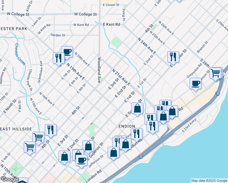map of restaurants, bars, coffee shops, grocery stores, and more near 1931 East 2nd Street in Duluth