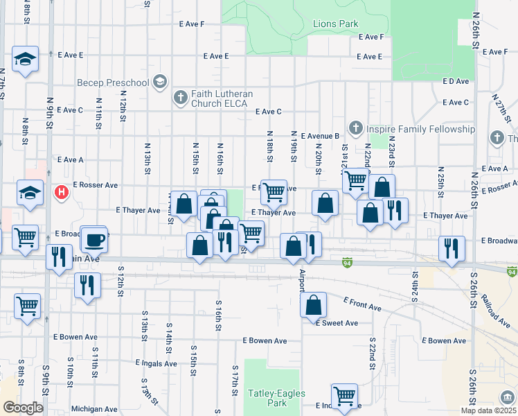 map of restaurants, bars, coffee shops, grocery stores, and more near 5 East Thayer Avenue in Bismarck