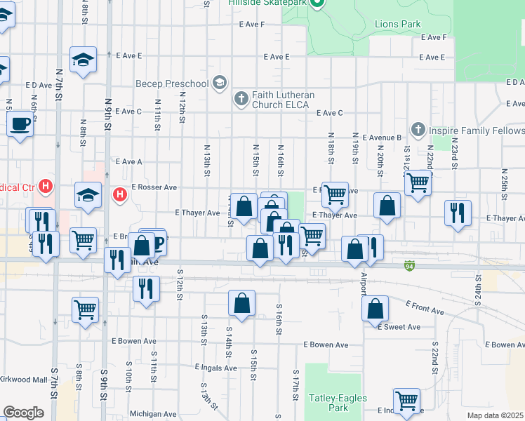 map of restaurants, bars, coffee shops, grocery stores, and more near 1514 East Thayer Avenue in Bismarck