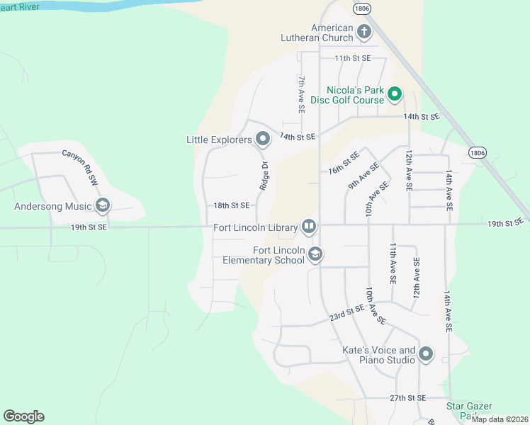 map of restaurants, bars, coffee shops, grocery stores, and more near Ridge Drive in Mandan