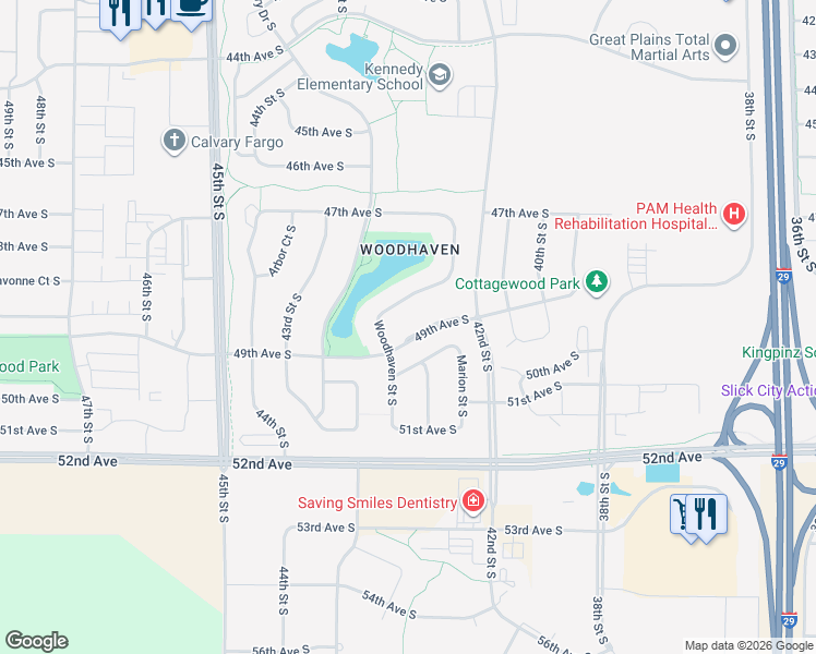 map of restaurants, bars, coffee shops, grocery stores, and more near 4273 49th Avenue South in Fargo