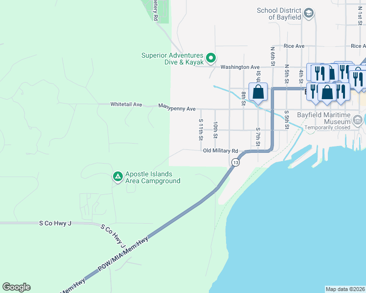 map of restaurants, bars, coffee shops, grocery stores, and more near 1121 Old Military Road in Bayfield
