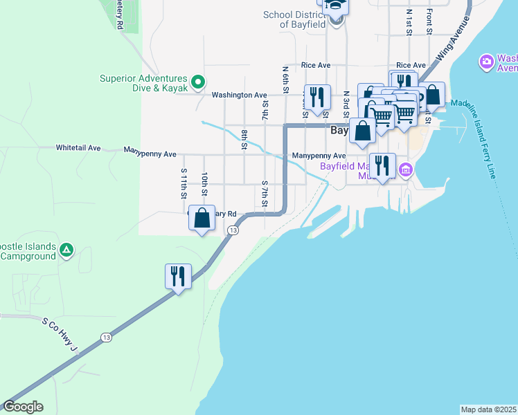 map of restaurants, bars, coffee shops, grocery stores, and more near State Highway 13 in Bayfield