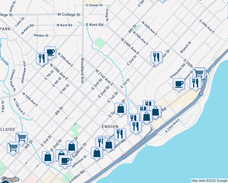 map of restaurants, bars, coffee shops, grocery stores, and more near 2018 East 2nd Street in Duluth
