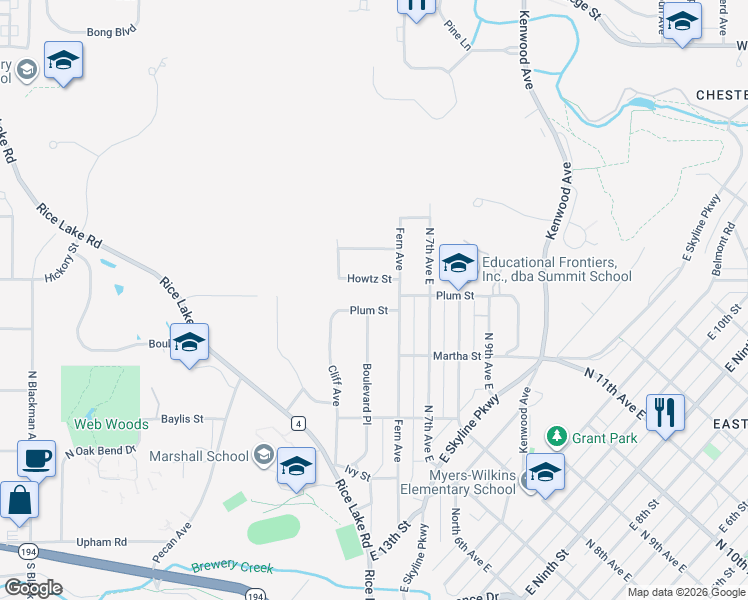 map of restaurants, bars, coffee shops, grocery stores, and more near 323 Plum Street in Duluth