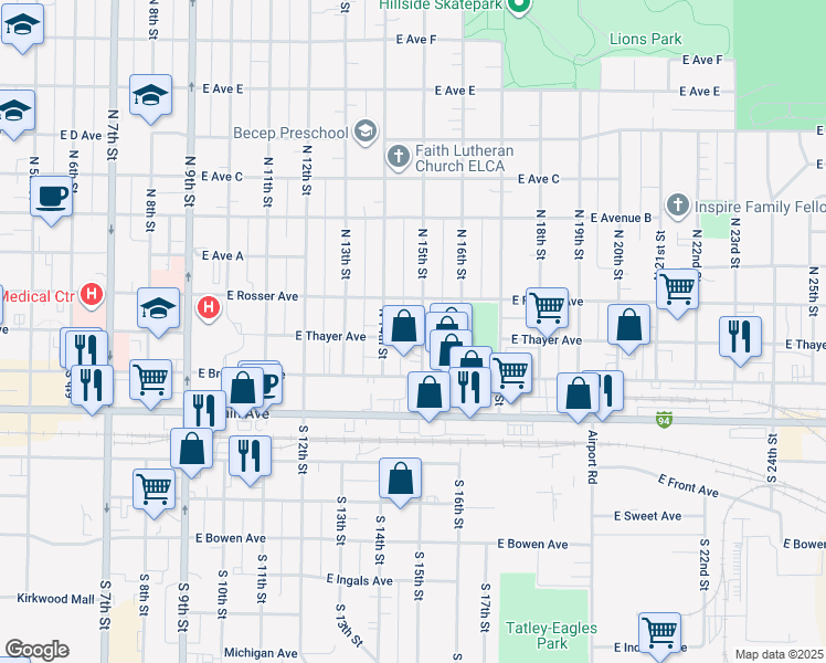 map of restaurants, bars, coffee shops, grocery stores, and more near 302 North 15th Street in Bismarck