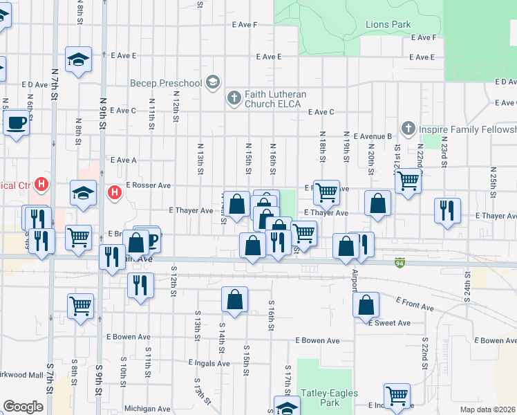 map of restaurants, bars, coffee shops, grocery stores, and more near 1514 East Thayer Avenue in Bismarck