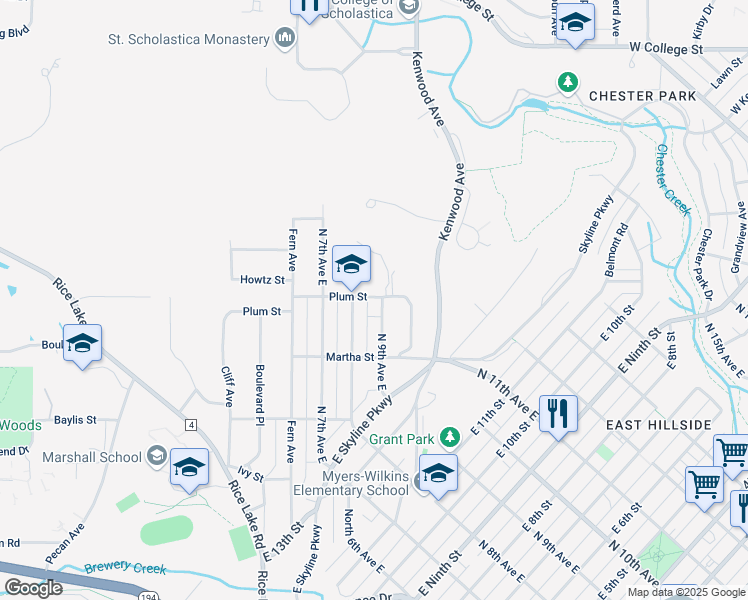map of restaurants, bars, coffee shops, grocery stores, and more near 1540 North 8th Avenue East in Duluth