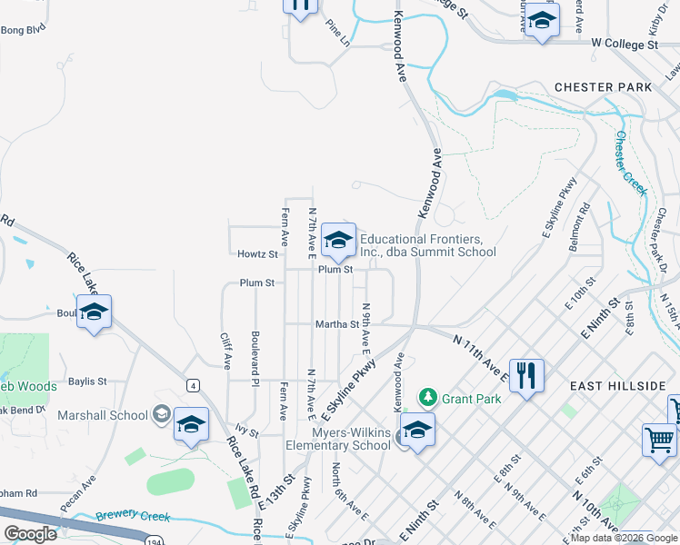 map of restaurants, bars, coffee shops, grocery stores, and more near 1540 North 8th Avenue East in Duluth