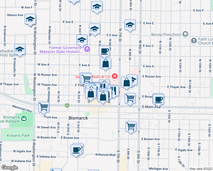 map of restaurants, bars, coffee shops, grocery stores, and more near 519 East Thayer Avenue in Bismarck