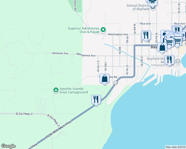 map of restaurants, bars, coffee shops, grocery stores, and more near 1121 Old Military Road in Bayfield