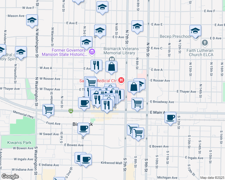 map of restaurants, bars, coffee shops, grocery stores, and more near 519 East Thayer Avenue in Bismarck