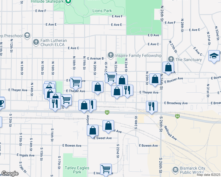map of restaurants, bars, coffee shops, grocery stores, and more near 2112 East Thayer Avenue in Bismarck