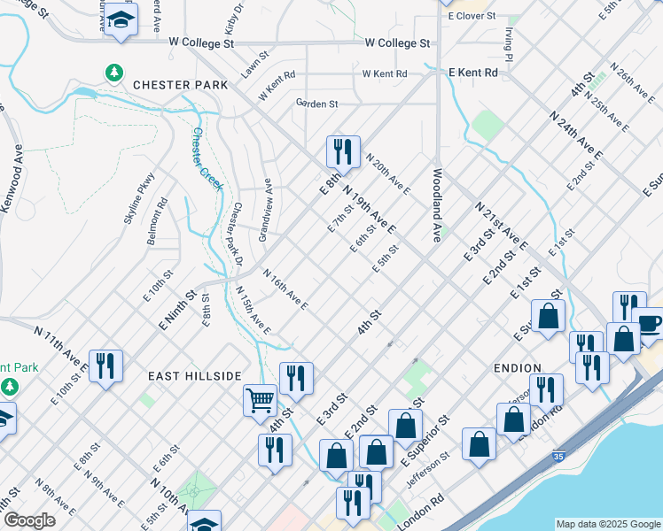 map of restaurants, bars, coffee shops, grocery stores, and more near 1707 East 6th Street in Duluth