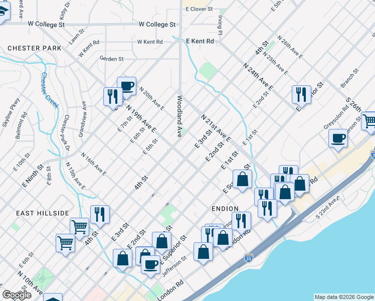 map of restaurants, bars, coffee shops, grocery stores, and more near 1911 East 3rd Street in Duluth