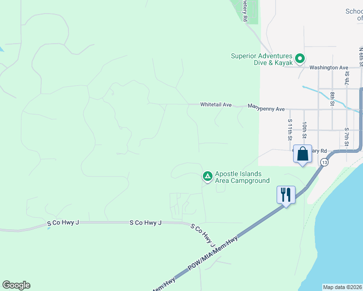 map of restaurants, bars, coffee shops, grocery stores, and more near 85245 Apple Hill Road in Bayfield