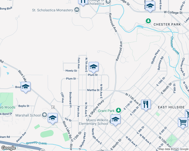 map of restaurants, bars, coffee shops, grocery stores, and more near 1540 N 8th Ave E in Duluth