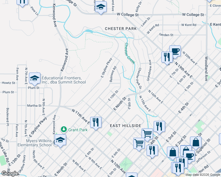 map of restaurants, bars, coffee shops, grocery stores, and more near 1018 North 14th Avenue East in Duluth