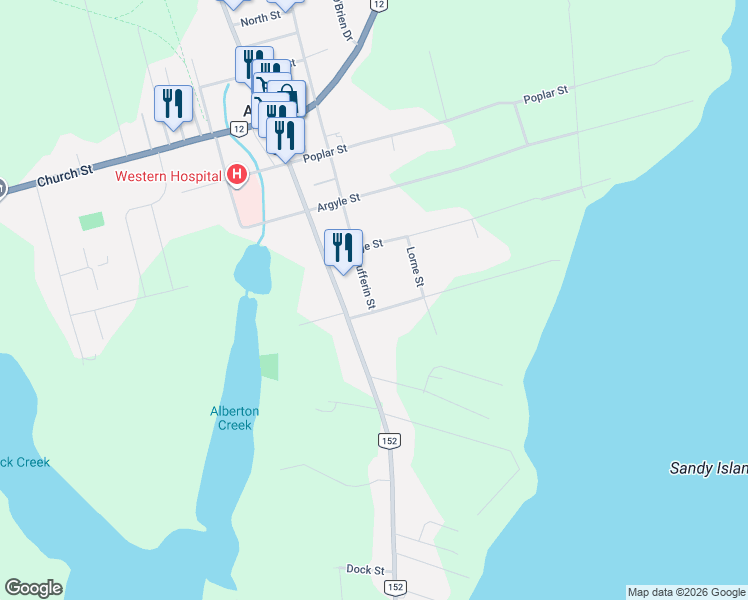 map of restaurants, bars, coffee shops, grocery stores, and more near 6 Dufferin Street in Alberton