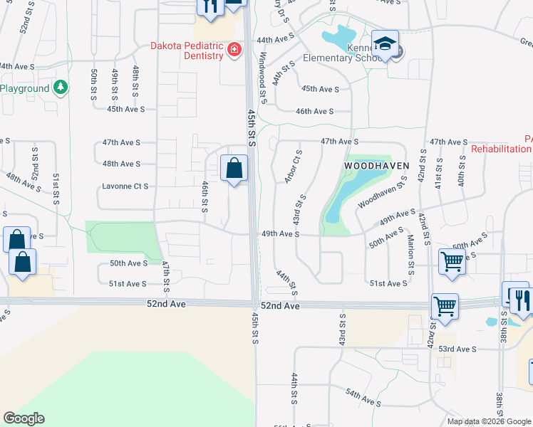 map of restaurants, bars, coffee shops, grocery stores, and more near 4870 44th Street South in Fargo