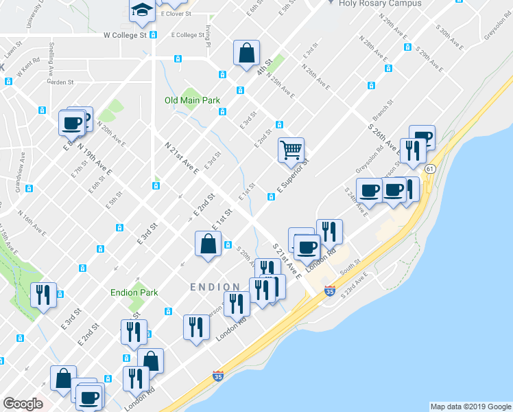map of restaurants, bars, coffee shops, grocery stores, and more near 2115 East Superior Street in Duluth