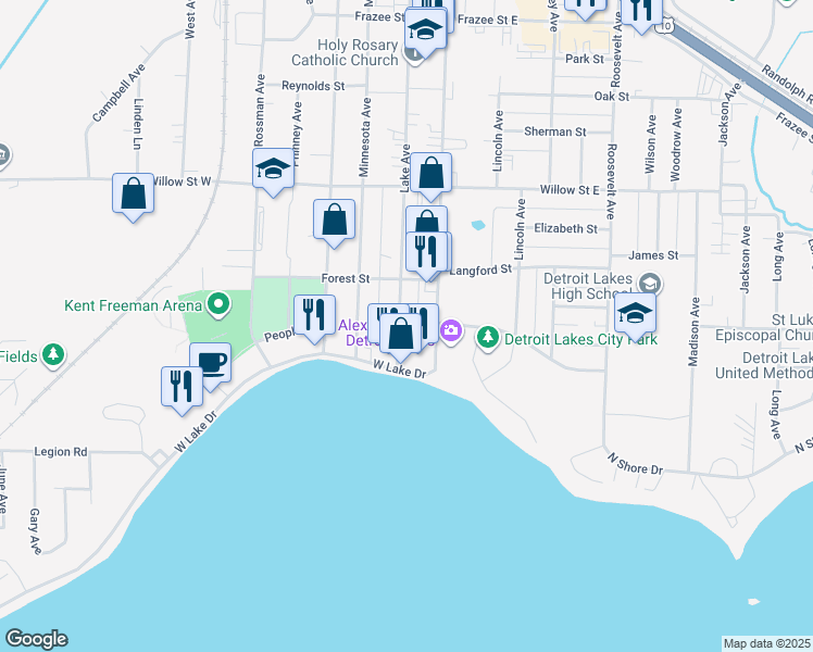 map of restaurants, bars, coffee shops, grocery stores, and more near 1329 Lake Avenue in Detroit Lakes