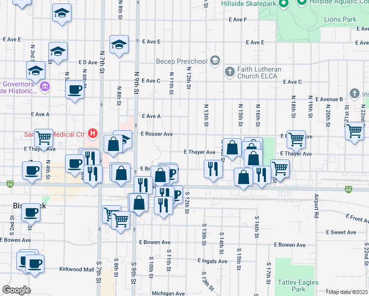 map of restaurants, bars, coffee shops, grocery stores, and more near 320 North 12th Street in Bismarck