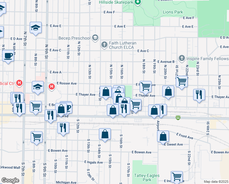 map of restaurants, bars, coffee shops, grocery stores, and more near 1514 East Thayer Avenue in Bismarck