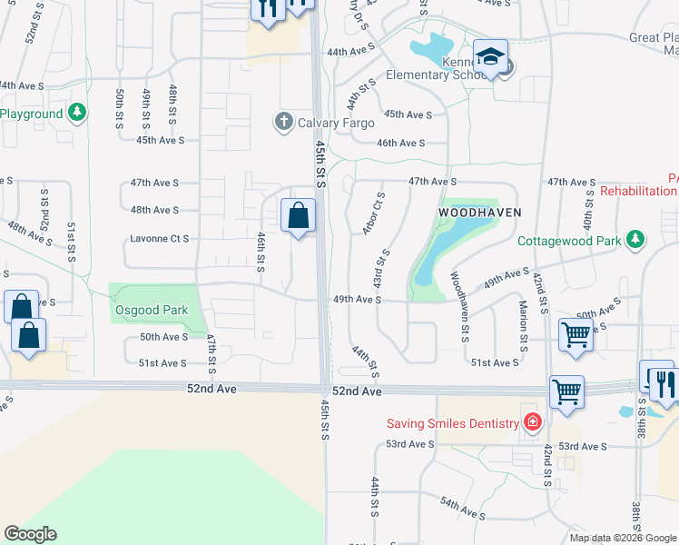 map of restaurants, bars, coffee shops, grocery stores, and more near 4870 44th Street South in Fargo
