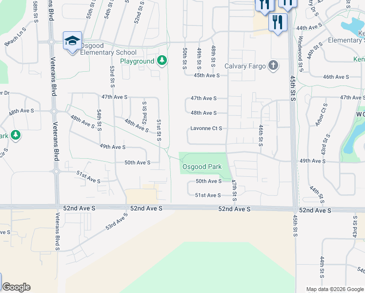 map of restaurants, bars, coffee shops, grocery stores, and more near 5051 52nd Avenue South in Fargo