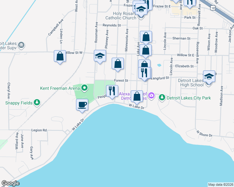 map of restaurants, bars, coffee shops, grocery stores, and more near 1317 Summit Avenue in Detroit Lakes