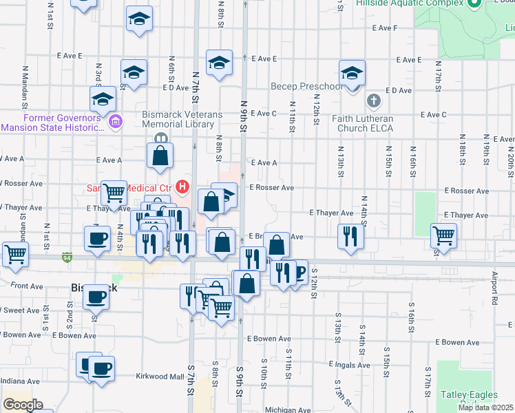 map of restaurants, bars, coffee shops, grocery stores, and more near 900 East Broadway Avenue in Bismarck