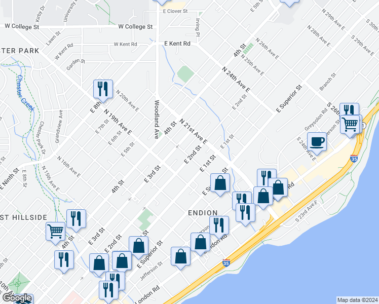 map of restaurants, bars, coffee shops, grocery stores, and more near 2001 East 2nd Street in Duluth