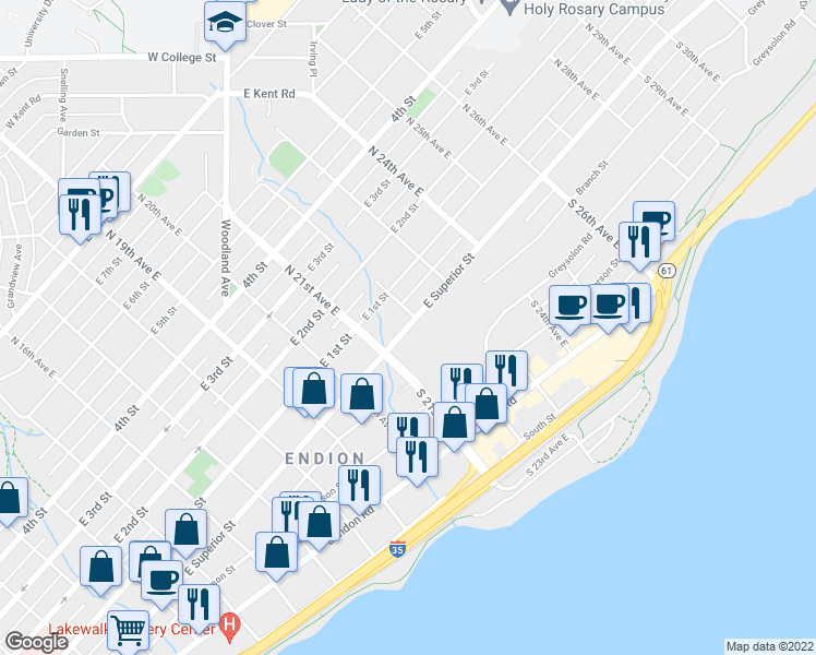 map of restaurants, bars, coffee shops, grocery stores, and more near 2126 East Superior Street in Duluth