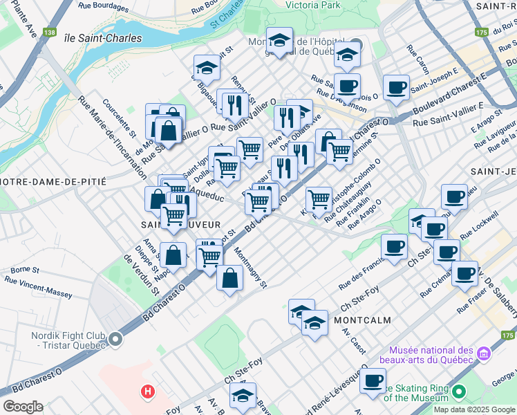 map of restaurants, bars, coffee shops, grocery stores, and more near 423 Rue de l'Aqueduc in Ville de Québec