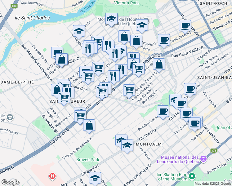 map of restaurants, bars, coffee shops, grocery stores, and more near 520 Rue Hermine in Québec