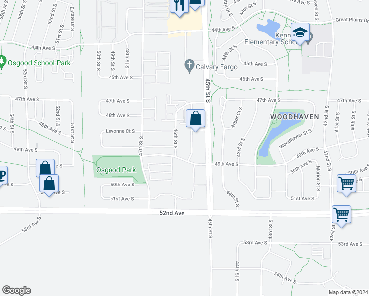 map of restaurants, bars, coffee shops, grocery stores, and more near 4650 49th Avenue South in Fargo